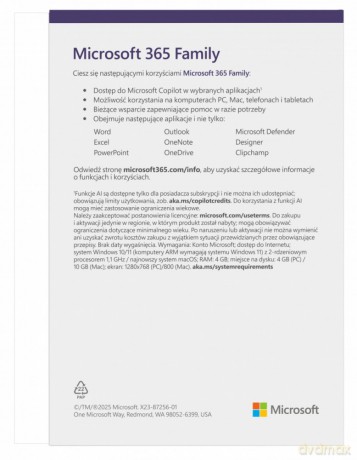 M365 Family PL 1Y 6U Win/Mac EP2-32382, Zastępuje P/N: 6GQ-01940