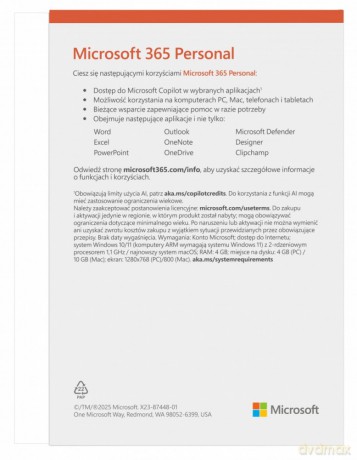 M365 Personal PL 1Y 1U 5D Win/Mac EP2-32454 Zastępuje P/N: QQ2-01752