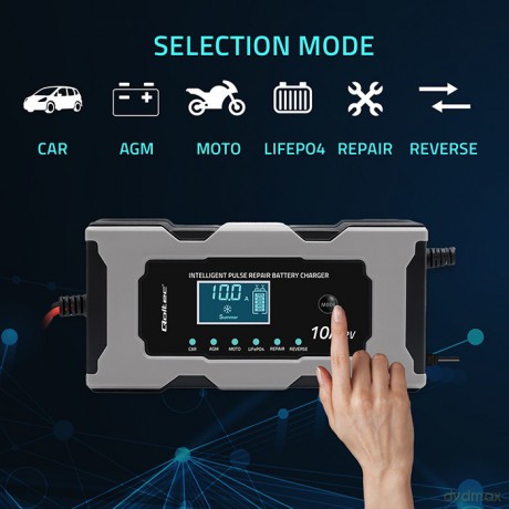 Mikroprocesorowa ładowarka 12V 10A | Prostownik z funkcją naprawy do akumulatora AGM GEL LiFePO4 | LCD