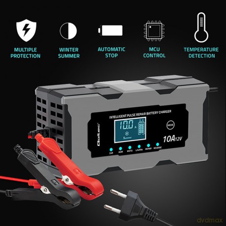 Mikroprocesorowa ładowarka 12V 10A | Prostownik z funkcją naprawy do akumulatora AGM GEL LiFePO4 | LCD