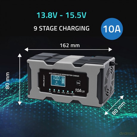 Mikroprocesorowa ładowarka 12V 10A | Prostownik z funkcją naprawy do akumulatora AGM GEL LiFePO4 | LCD