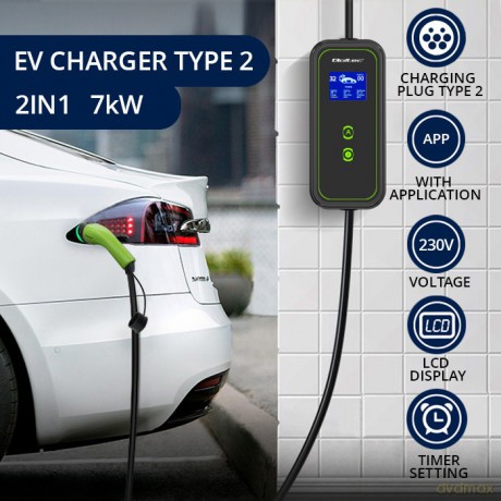 Mobilna ładowarka do samochodu elektrycznego EV z regulacją 2w1 Typ2 | 7kW | 230V | CEE 3 PIN | WiFi | LCD | Przenosna | Wallbox | 5m