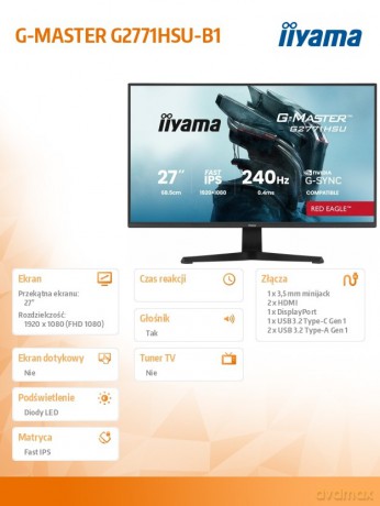 Monitor 27 cali G2771HSU-B1 0.4ms,Fast IPS,1xUSB 3.2, 1xUSB C, 240Hz, DP, 2xHDMI, Adaptive G-SYNC - 1920 x 1080 @48-240Hz DisplayPort Only