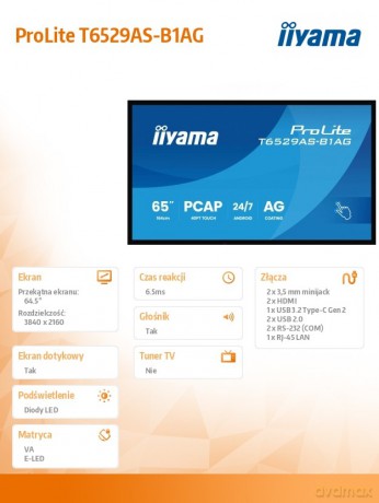 Monitor 65 cali T6529AS-B1AG VA,4K,HDMIx2,USB-C,RJ45,2x10W,WiFi, Android 14, Signal FailOver, Whiteboard, iiSignage2 (CMS), iiControl (DMS), iiS