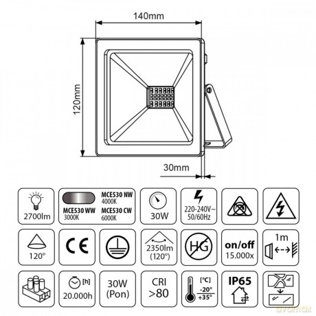Naświetlacz Led Slim 30 W 2400lm MCE530 CW