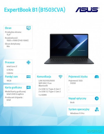 Notebook ExpertBook B1 B1503CVA-S75099X - i7-13620H/16GB/512GB/15.6 FHD/Win 11 PRO/3YRS