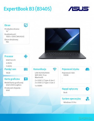 Notebook ExpertBook B3 B3405CVA-LY0194X - i5-1334U/16GB/512GB/14 WUXGA/Win 11 PRO/3YRS