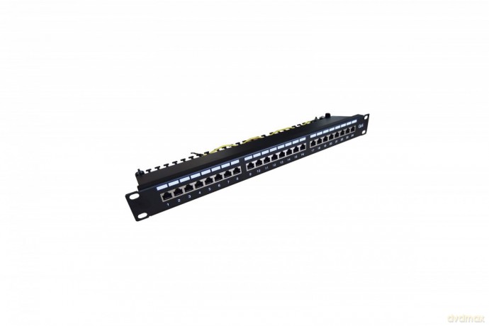 Panel krosowy (patch panel) 19'' 24x RJ45, kat.6, ekranowany, LSA poziom, prowadnica kabli, pola opisowe, 1U, czarny (kompletny)