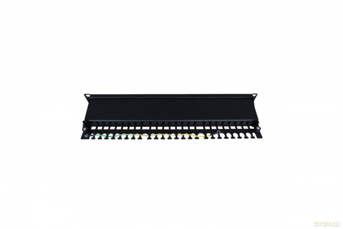 Panel krosowy (patch panel) 19'' 24x RJ45, kat.6, ekranowany, LSA poziom, prowadnica kabli, pola opisowe, 1U, czarny (kompletny)