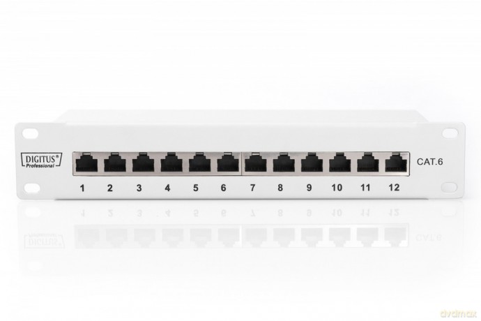 Patch panel 10 cali 12-portów RJ-45 Kat.6 ekranowany 1U kompletny LSA, wspornik kablowy, szary