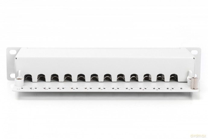 Patch panel 10 cali 12-portów RJ-45 Kat.6 ekranowany 1U kompletny LSA, wspornik kablowy, szary