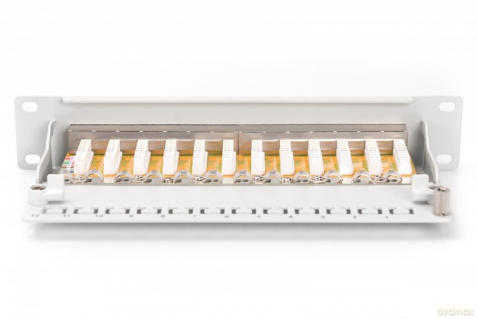 Patch panel 10 cali 12-portów RJ-45 Kat.6 ekranowany 1U kompletny LSA, wspornik kablowy, szary