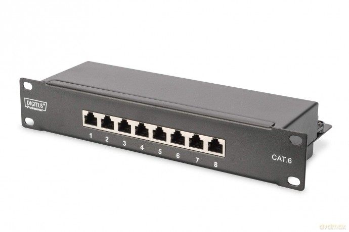 Patch panel 10 cali 8-portów RJ-45 Kat.6 ekranowany 1U kompletny LSA, wspornik kablowy, Czarny