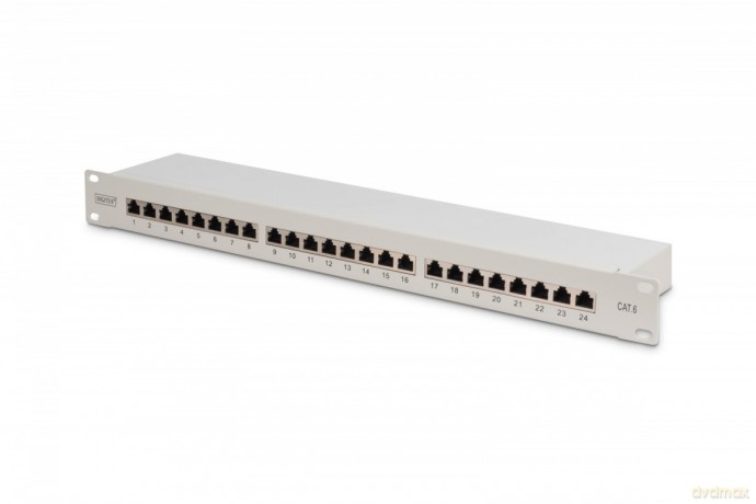 Patch panel 19" 24 porty, kat.6, S/FTP, 1U, wspornik kablowy, szary (kompletny)