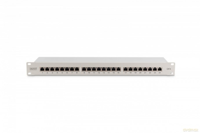 Patch panel 19" 24 porty, kat.6, S/FTP, 1U, wspornik kablowy, szary (kompletny)