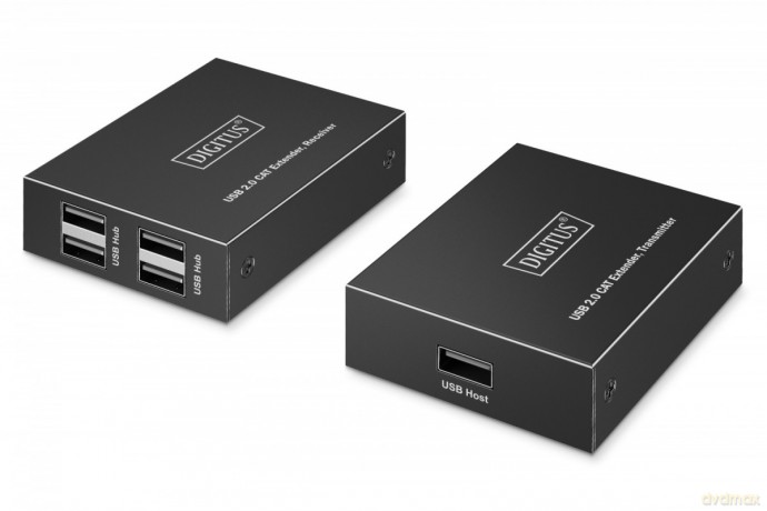 Przedłużacz (extender) po skrętce kat.6 USB 2.0 do 150m, 4x USB-A do 480 Mbps, 1x RJ45 (Gigabit Ethernet) - zestaw (odbiornik/nadajnik)