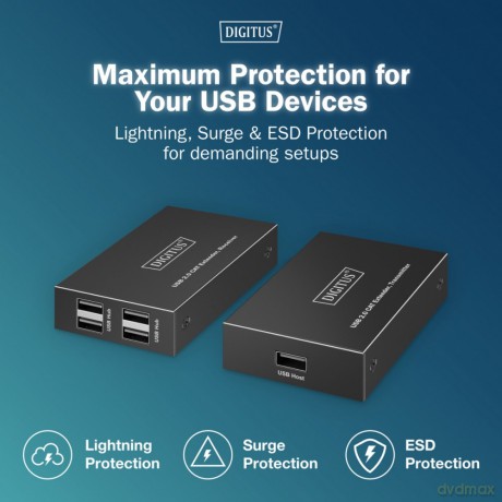 Przedłużacz (extender) po skrętce kat.6 USB 2.0 do 150m, 4x USB-A do 480 Mbps, 1x RJ45 (Gigabit Ethernet) - zestaw (odbiornik/nadajnik)