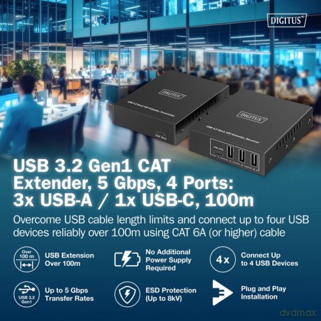 Przedłużacz (extender) po skrętce kat.6A USB 3.1 Gen1 do 100m, 3x USB-A, 1x USB-C do 5 Gbps, 1x RJ45 (Gigabit Ethernet) - zestaw (odbiornik/nadajnik)