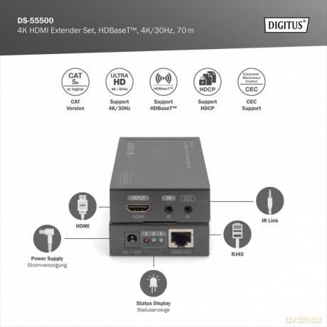 Przedłużacz/Extender HDMI HDBaseT do 70m po Cat.5e, 4K 30Hz UHD, HDCP 2.2, IR, z audio (zestaw)