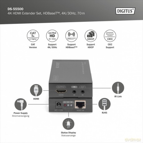 Przedłużacz/Extender HDMI HDBaseT do 70m po Cat.5e, 4K 30Hz UHD, HDCP 2.2, IR, z audio (zestaw)