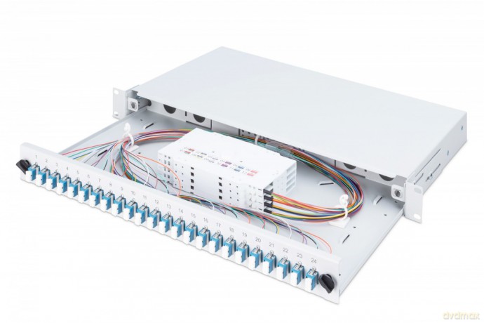 Przełącznica światłowodowa/panel krosowy z wyposażeniem 19 cali 1U, 24x LC duplex, OS2, zawiera pigtaile, adaptery, tacki, wysuwany, Szara