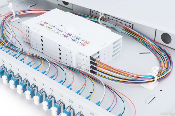 Przełącznica światłowodowa/panel krosowy z wyposażeniem 19 cali 1U, 24x LC duplex, OS2, zawiera pigtaile, adaptery, tacki, wysuwany, Szara