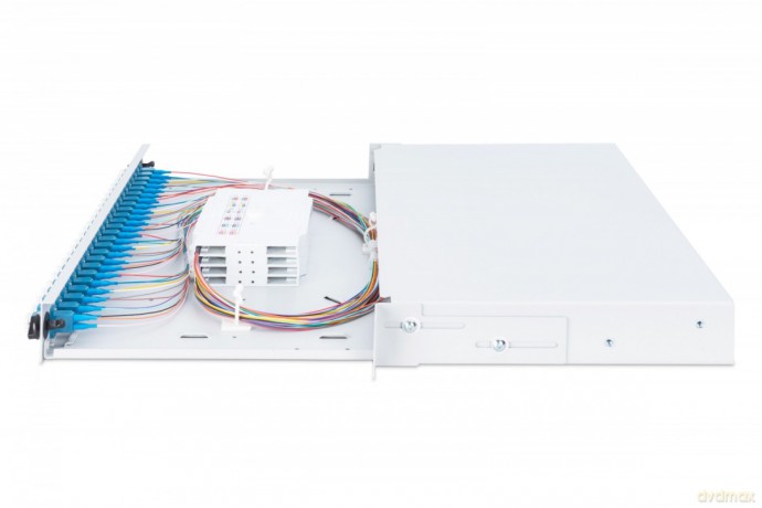 Przełącznica światłowodowa/panel krosowy z wyposażeniem 19 cali 1U, 24x LC duplex, OS2, zawiera pigtaile, adaptery, tacki, wysuwany, Szara