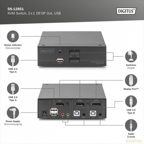 Przełącznik KVM, 2 portowy, 4K 60Hz, 2xDisplayPort IN, 1xDisplayPort OUT, 2xUSB, 2xAudio IN&OUT