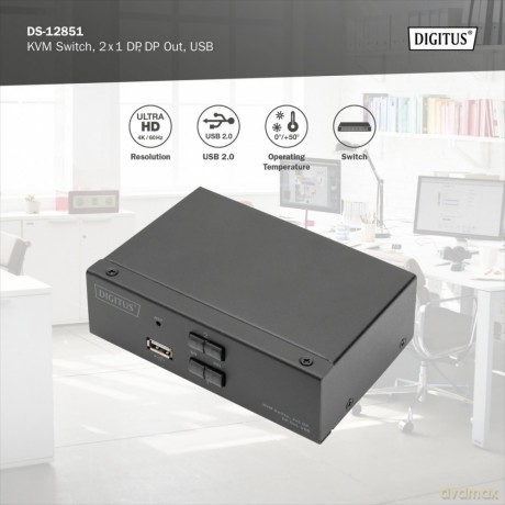 Przełącznik KVM, 2 portowy, 4K 60Hz, 2xDisplayPort IN, 1xDisplayPort OUT, 2xUSB, 2xAudio IN&OUT