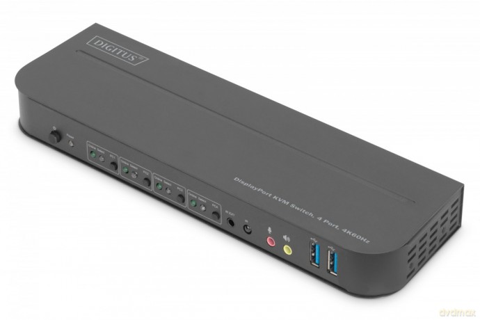 Przełącznik KVM, 4 portowy, 4K 60Hz, 4x DP IN, 1x DP OUT, 1x HDMI OUT, 2x USB A, 1x Audio IN&OUT