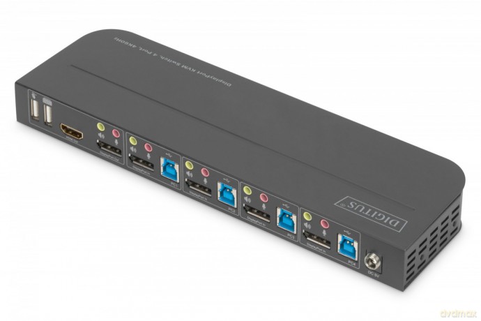 Przełącznik KVM, 4 portowy, 4K 60Hz, 4x DP IN, 1x DP OUT, 1x HDMI OUT, 2x USB A, 1x Audio IN&OUT