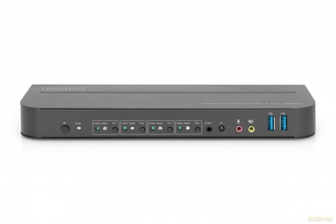 Przełącznik KVM, 4 portowy, 4K 60Hz, 4x DP IN, 1x DP OUT, 1x HDMI OUT, 2x USB A, 1x Audio IN&OUT