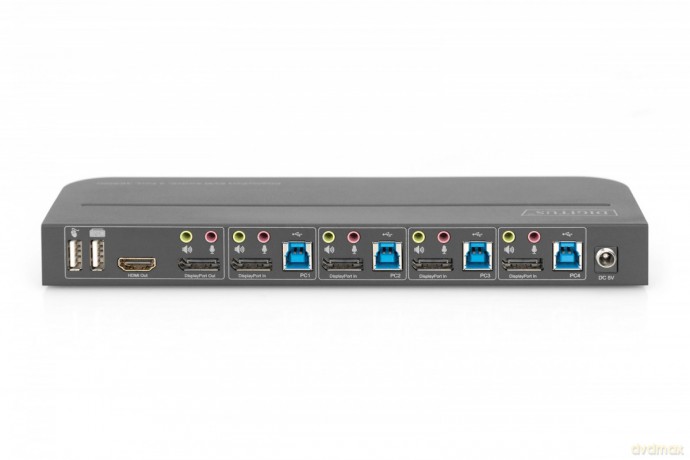 Przełącznik KVM, 4 portowy, 4K 60Hz, 4x DP IN, 1x DP OUT, 1x HDMI OUT, 2x USB A, 1x Audio IN&OUT