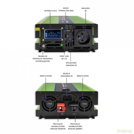 Przetwornica napięcia Monolith | ładowanie baterii | UPS | 1000W | 2000W | 12V na 230V | Czysty Sinus | LCD