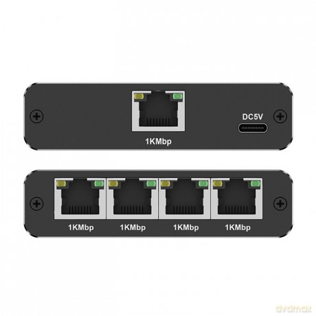 Rozdzielacz splitter Ethernet mini SWITCH 1x4 RJ45 | 1000Mb/s | USB-C | Aluminium
