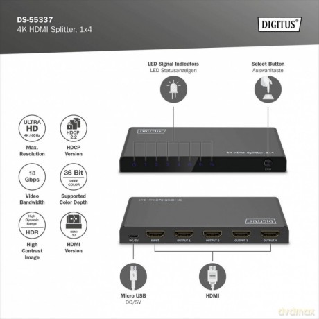 Rozdzielacz/Splitter HDMI 1x4, 4K/60Hz UHD z HDR, 18 Gbps, HDCP 2.2, EDID
