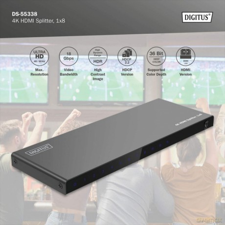 Rozdzielacz/Splitter HDMI 1x8, 4K/60Hz UHD z HDR, 18 Gbps, HDCP 2.2, EDID