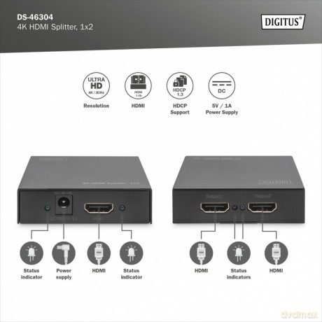 Rozdzielacz/Splitter HDMI 2-portowy, 4K 30Hz UHD 3D, HDCP 1.3, audio