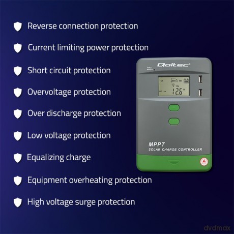 Solarny regulator ładowania MPPT z czujnikiem temperatury 10A | 12V/24V | LCD | 2xUSB | Bluetooth | APP | GEL | LiFePO4