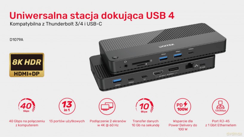 Stacja dokująca 12w1 USB-C, HDMI 2.1, USB 4, PD 100W; D1079A