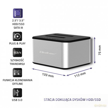Stacja dokująca dysków 2xHDD/SSD | 2.5"/3.5" SATA | USB 3.0 | Klonowanie