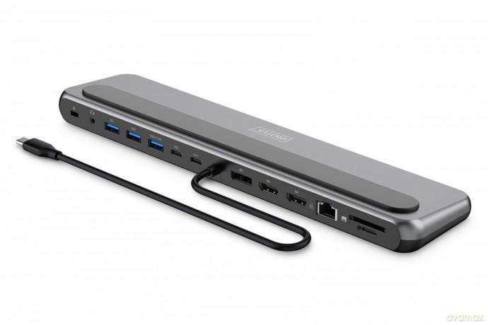 Stacja dokująca USB-C 12 portowa, max. 8K/30Hz z HDR, HDMI, DP, max. 3 monitory (MST), USB-C 3.2 Gen2, Gigabit Ethernet, SD/Micro SD, PD 100W