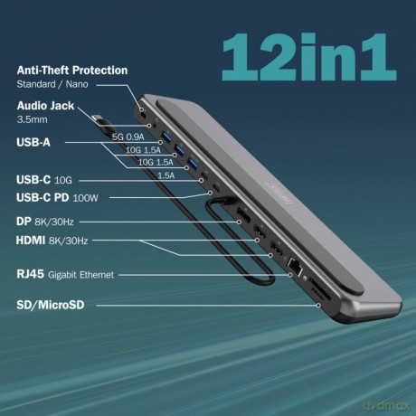 Stacja dokująca USB-C 12 portowa, max. 8K/30Hz z HDR, HDMI, DP, max. 3 monitory (MST), USB-C 3.2 Gen2, Gigabit Ethernet, SD/Micro SD, PD 100W