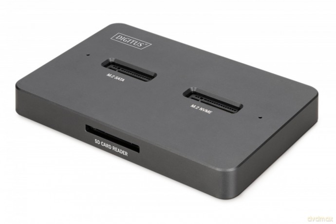 Stacja dokująca USB-C 3.2 Gen2 dla dysków SSD M.2 Duo NVMe oraz SATA (max. 2x 4 TB) z czytnikiem kart SD-Express 7.1 (max. 2 TB), czarna