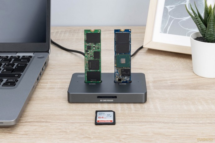 Stacja dokująca USB-C 3.2 Gen2 dla dysków SSD M.2 Duo NVMe oraz SATA (max. 2x 4 TB) z czytnikiem kart SD-Express 7.1 (max. 2 TB), czarna