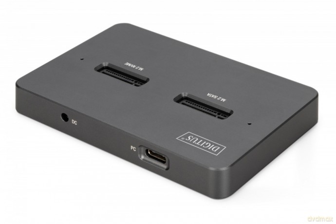 Stacja dokująca USB-C 3.2 Gen2 dla dysków SSD M.2 Duo NVMe oraz SATA (max. 2x 4 TB) z czytnikiem kart SD-Express 7.1 (max. 2 TB), czarna