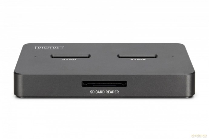 Stacja dokująca USB-C 3.2 Gen2 dla dysków SSD M.2 Duo NVMe oraz SATA (max. 2x 4 TB) z czytnikiem kart SD-Express 7.1 (max. 2 TB), czarna