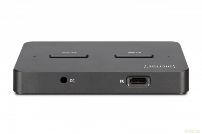 Stacja dokująca USB-C 3.2 Gen2 dla dysków SSD M.2 Duo NVMe oraz SATA (max. 2x 4 TB) z czytnikiem kart SD-Express 7.1 (max. 2 TB), czarna