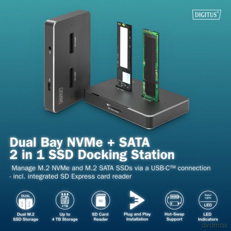 Stacja dokująca USB-C 3.2 Gen2 dla dysków SSD M.2 Duo NVMe oraz SATA (max. 2x 4 TB) z czytnikiem kart SD-Express 7.1 (max. 2 TB), czarna