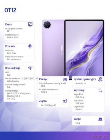 Tablet OT12 4G 11 cali 4/256GB fioletowy